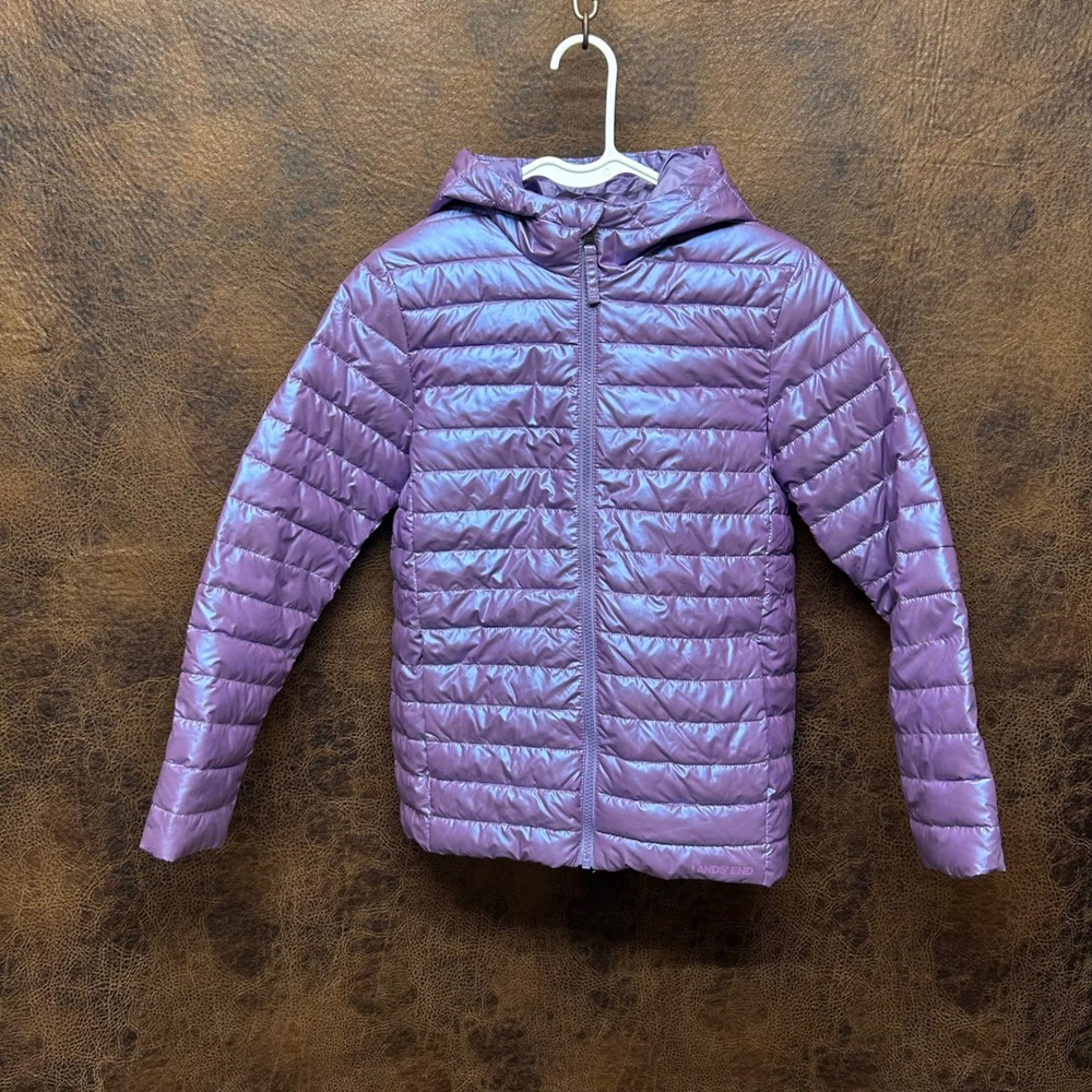 Lands' End Girls Large 10/12 Purple Blue Puffer Shiny Metallic Hooded Jacket